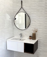 модерен шакф за баня, кръгло огледало с колан, обзавеждане за баня Пловдив Studio Sense